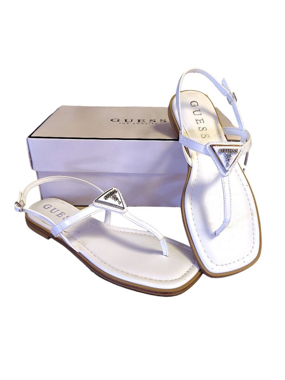 GUESS White Rainey Logo Square Toe T-Strap Flat Sandal SZ 8 NWT Faux Leather